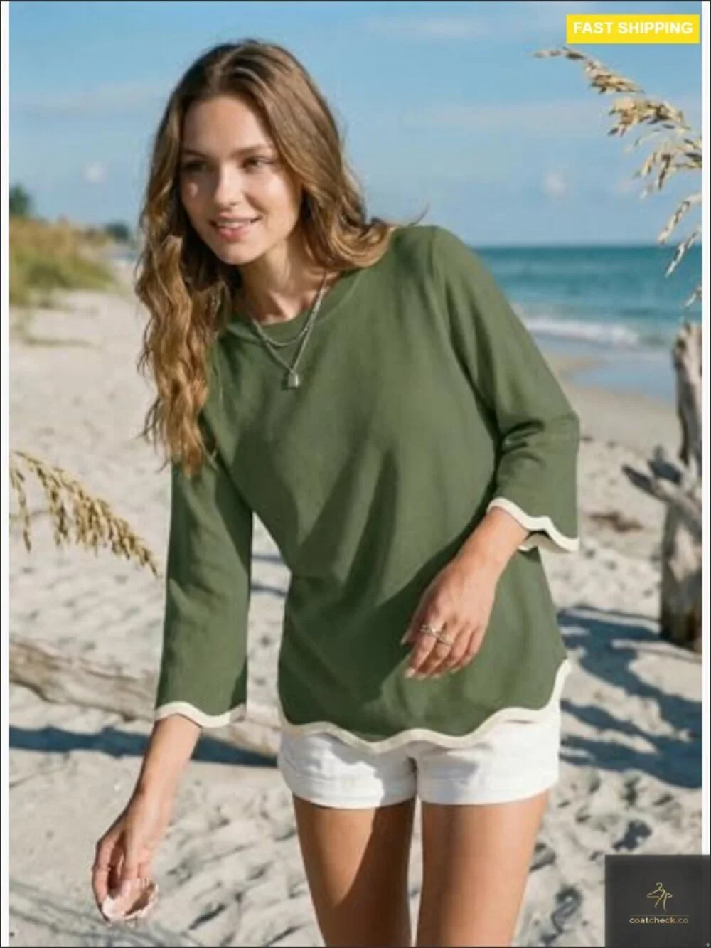 Wool Blend Sweater Crewneck 3/4 Sleeve Ruffle Trim Casual Knit Pullover Top